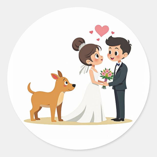 Matching Couple and Puppy Wedding Sticker (Front)