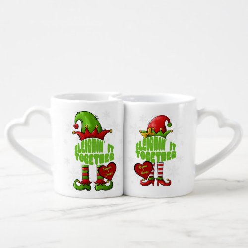 Matching Couple Christmas Elf Names in Heart Coffee Mug Set