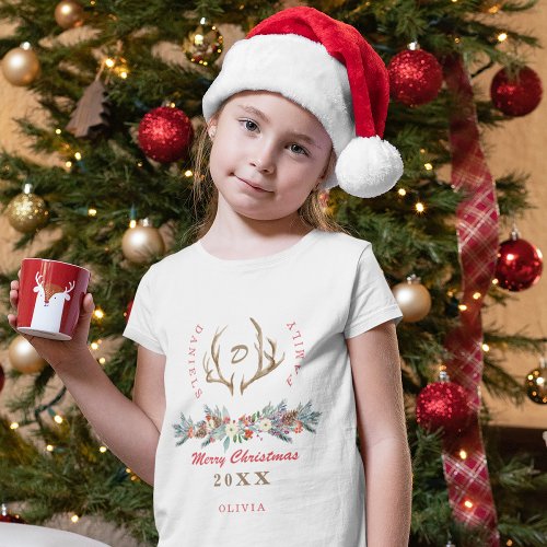Matching family Christmas antlers monogrammed T_Shirt