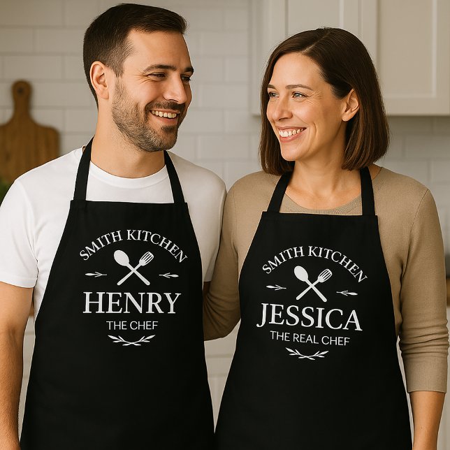 Matching Family Kitchen Aprons with Custom Names (Matching Couple Kitchen Aprons with Family Name and Custom Names)