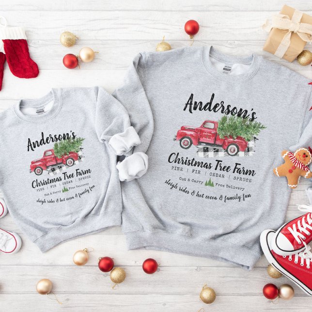 Matching Family Vintage Christmas Tree Farm Truck Sweatshirt (Custom family name Vintage red & green Christmas tree vintage truck, matching holiday sweatshirts)