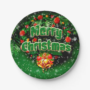 Matching Green Merry Christmas Gold Bells 7" Paper Plates