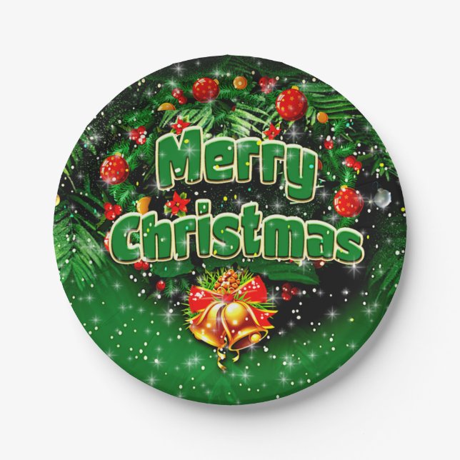 Matching Green Merry Christmas Gold Bells 7" Paper Plates (Front)