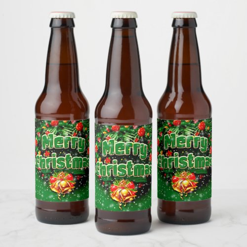 Matching Green Merry Christmas Gold Bells Beer Bottle Label