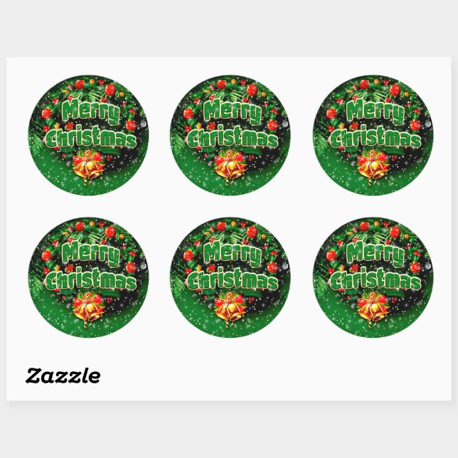 Matching Green Merry Christmas Gold Bells Classic Round Sticker (Sheet)