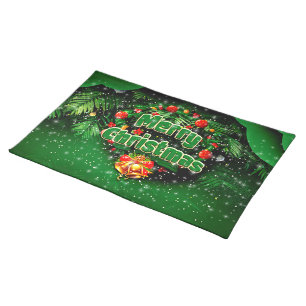 Matching Green Merry Christmas Gold Bells Cloth Placemat