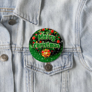 Matching Green Merry Christmas Gold Bells Greeting Button