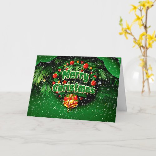 Matching Green Merry Christmas Gold Bells Greeting Card