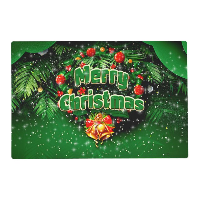 Matching Green Merry Christmas Gold Bells Laminate Placemat (Front)