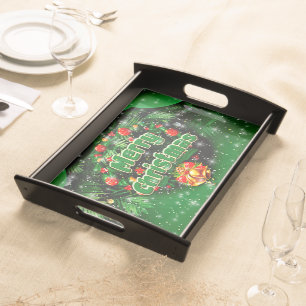 Matching Green Merry Christmas Gold Bells Large Serving Tray