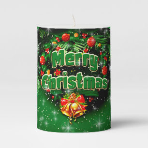 Matching Green Merry Christmas Gold Bells Short Pillar Candle