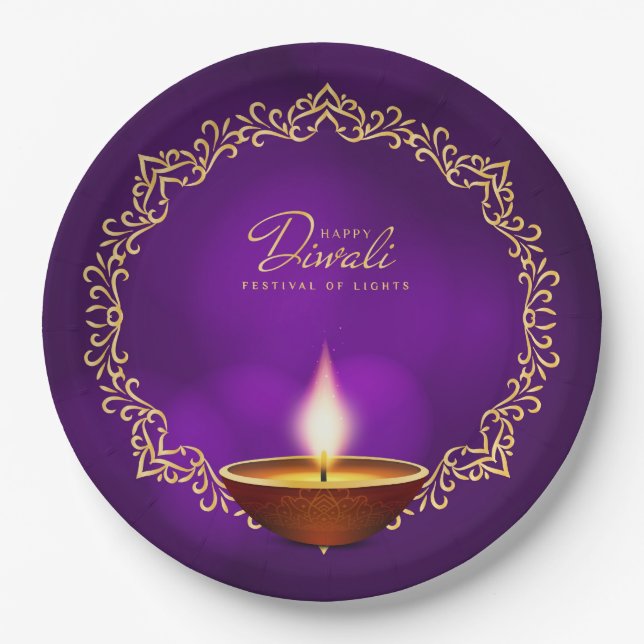 Matching Happy Diwali Purple 9" Paper Plates (Front)