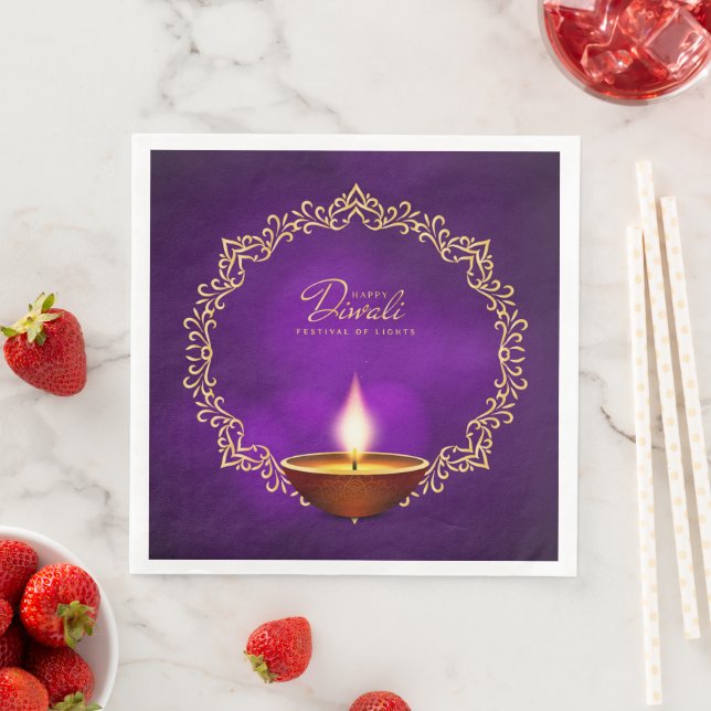 Matching Happy Diwali Purple Paper Dinner Napkins (Insitu)