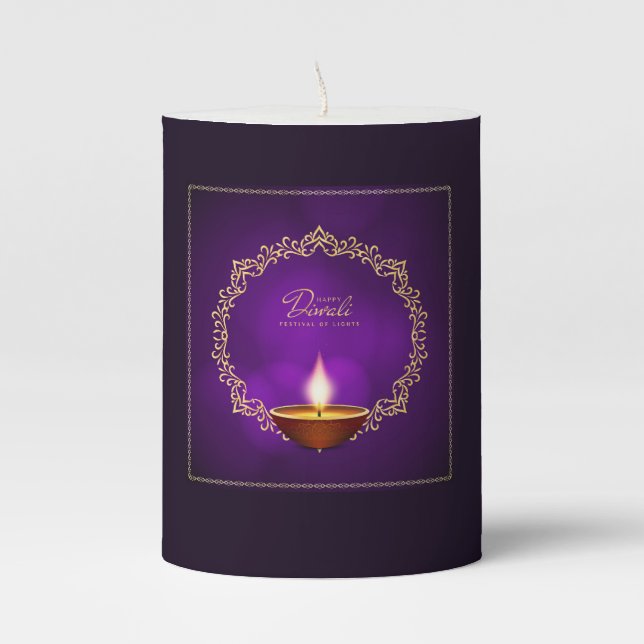 Matching Happy Diwali Purple Small Pillar Candle (Front)