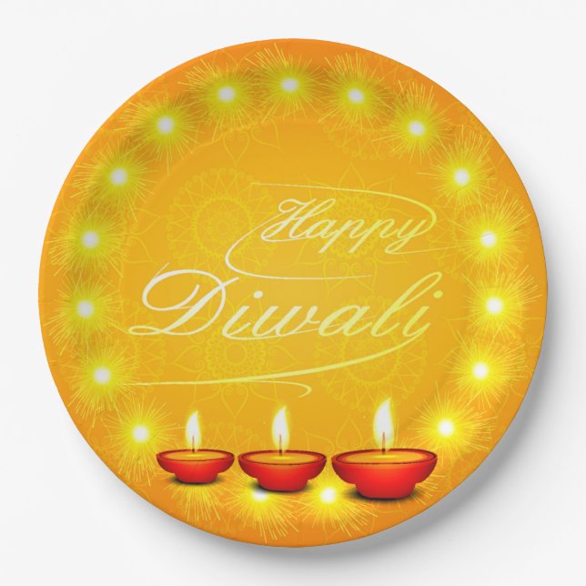 Matching Happy Diwali Yellow 9" Paper Plates (Front)