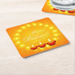 Matching Happy Diwali Yellow Square Paper Coaster