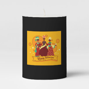Matching Happy Kwanzaa 3 Ladies Yellow Small Black Pillar Candle