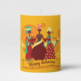 Matching Happy Kwanzaa 3 Ladies Yellow Small Pillar Candle