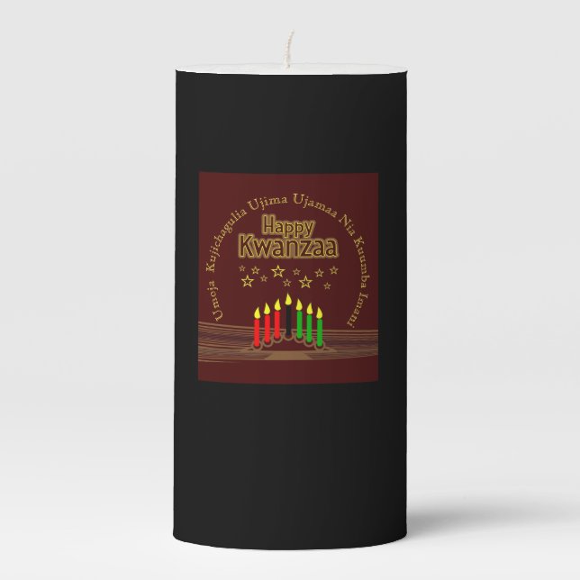 Matching Happy Kwanzaa Seven Principles Black Med Pillar Candle (Front)