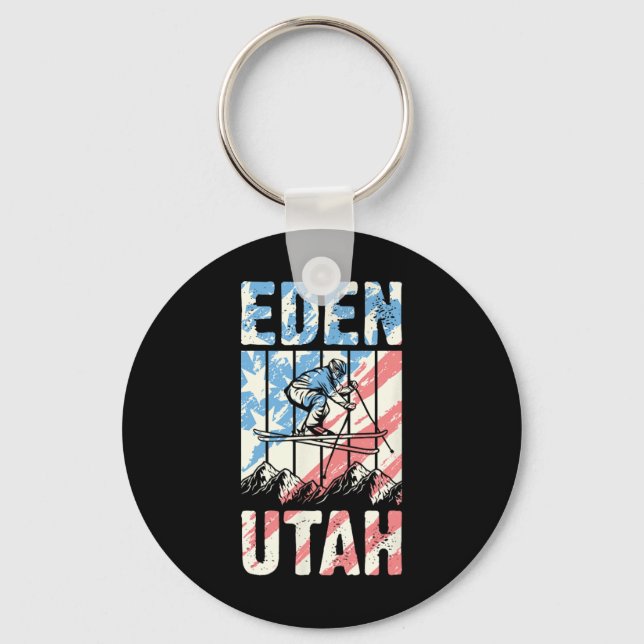 Matching Retro Style Mountain Skiing Eden Utah Tri Keychain (Front)