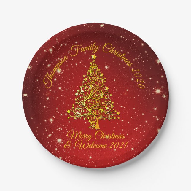 Matching Set Christmas Red Gold Tree Stars Name 7" Paper Plates (Front)
