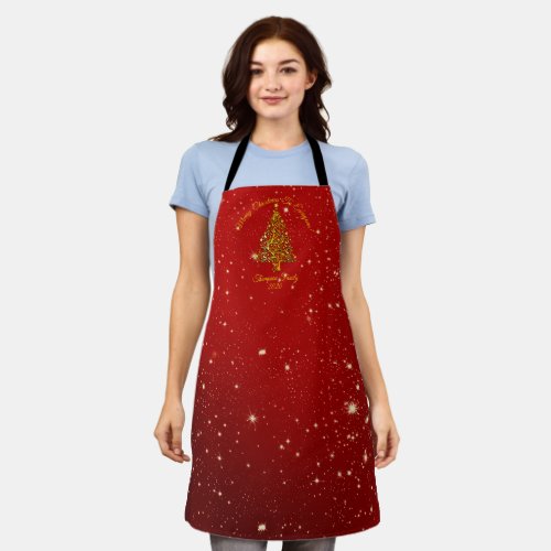 Matching Set Christmas Red Gold Tree Stars Name Apron