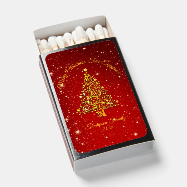 Matching Set Christmas Red Gold Tree Stars Name Matchboxes (Front Open)