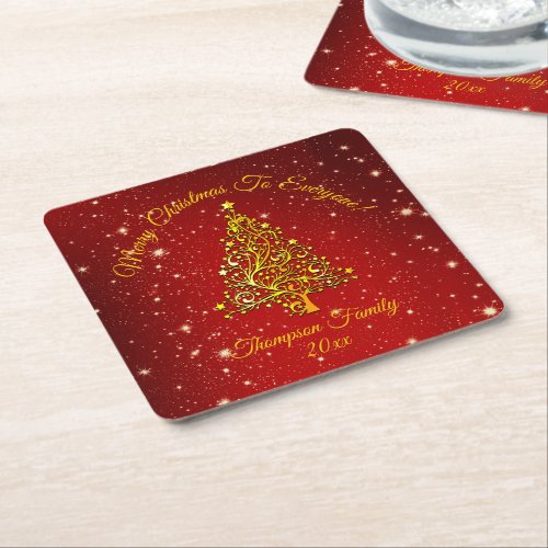 Matching Set Christmas Red Gold Tree Stars Name Sq Square Paper Coaster