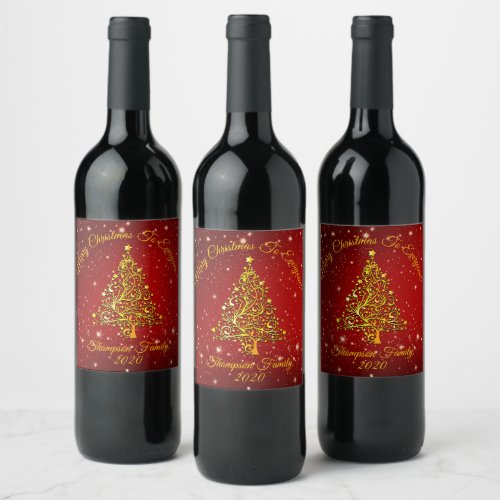 Matching Set Christmas Red Gold Tree Stars Name Wine Label