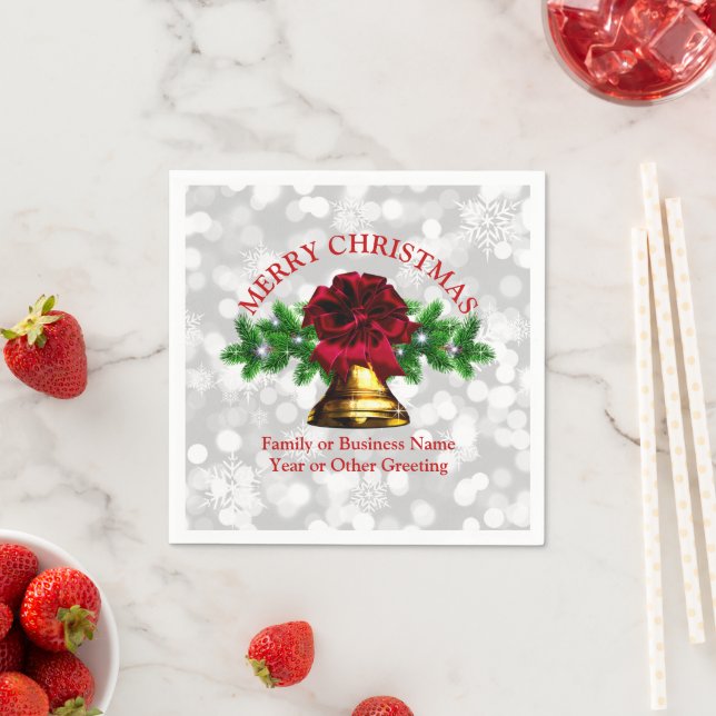 Matching Set Gold Bell Red Bow Christmas Cocktail Napkins (Insitu)
