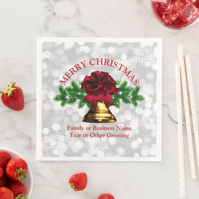Matching Set Gold Bell Red Bow Christmas Paper Dinner Napkins (Insitu)