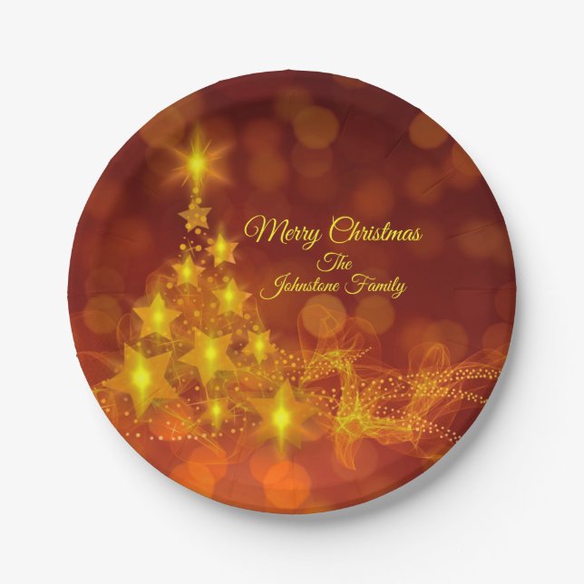 Matching Set Gold Stars Tree Change Name 7" Paper Plates (Front)