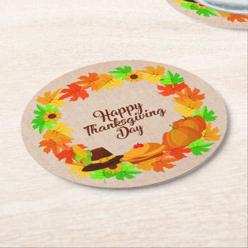 Matching Set Thanksgiving Green Gold Wreath Hat Round Paper Coaster