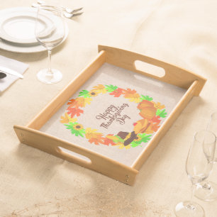 Matching Set Thanksgiving Green Gold Wreath Hat Serving Tray