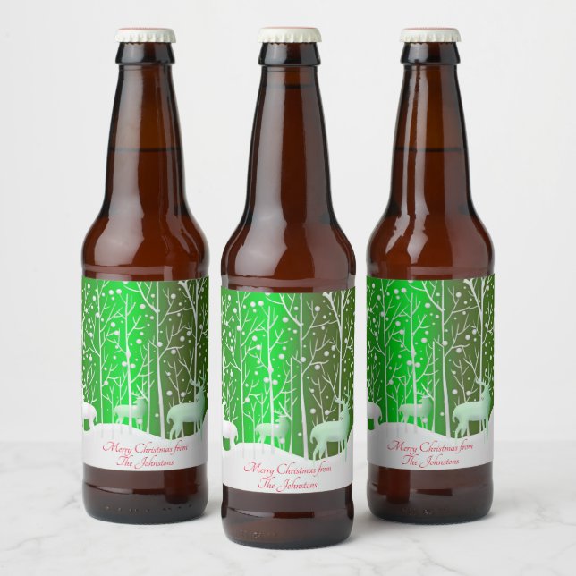 Matching Set White Reindeer Edit Name Green Beer Bottle Label (Bottles)