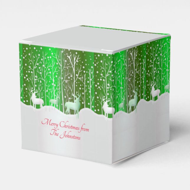 Matching Set White Reindeer Edit Name Green Favor Boxes (Front Side)