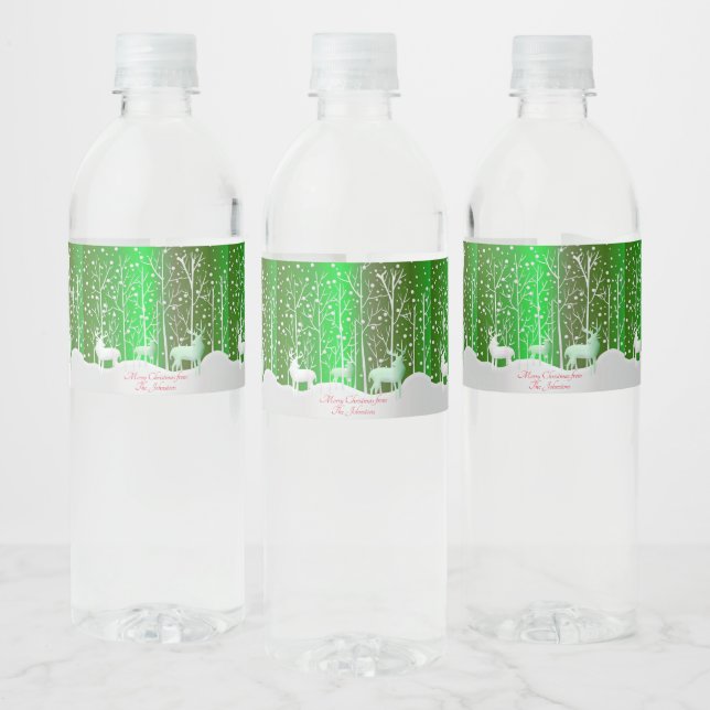 Matching Set White Reindeer Edit Name Green Water Bottle Label (Bottles)