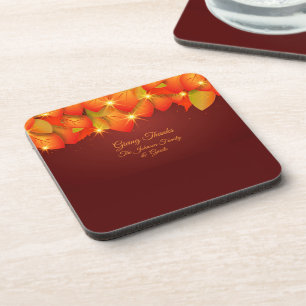 Matching Thanksgiving Orange Leaf Name Hard + Cork Beverage Coaster
