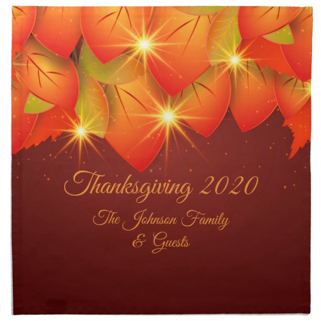 Matching Thanksgiving Orange Leaf Name Year Cloth Napkin (Front)