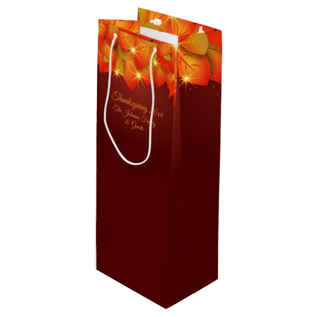 Matching Thanksgiving Orange Leaf Name Year Wine W Gift Bag (Front Angled)