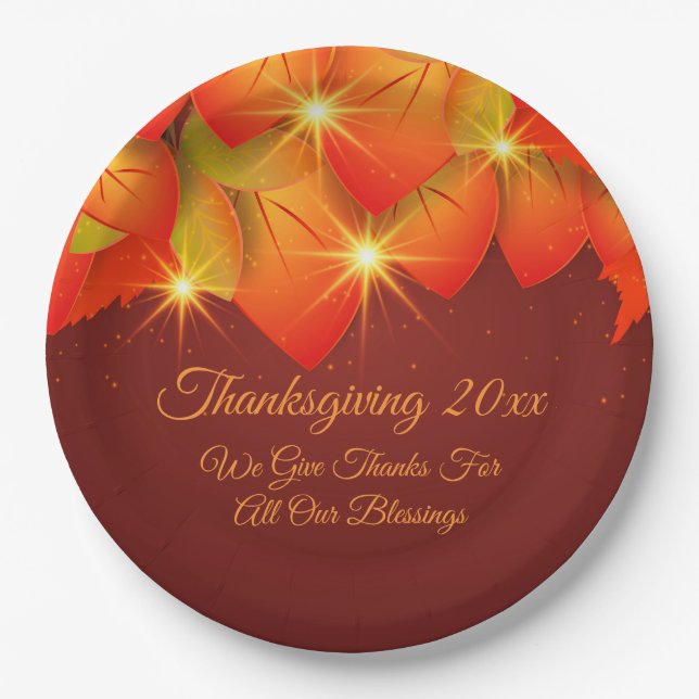 Matching Thanksgiving Orange Leaves Message 9" Pap Paper Plates (Front)
