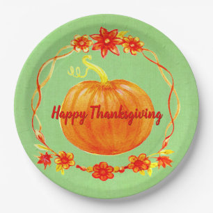 Matching Thanksgiving Pumpkin on Green 9" Paper Plates