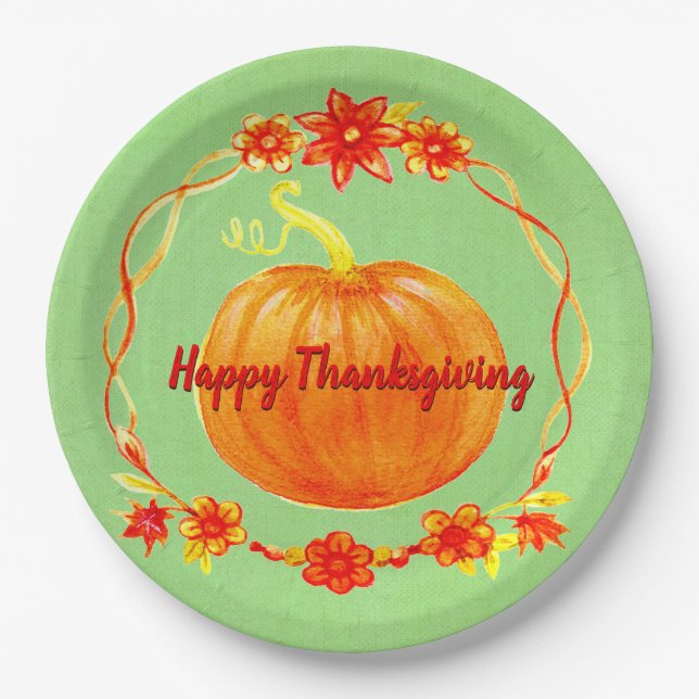 Matching Thanksgiving Pumpkin on Green 9" Paper Plates (Front)