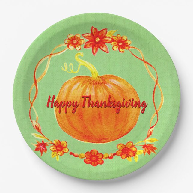 Matching Thanksgiving Pumpkin on Green Paper Plates (Front)