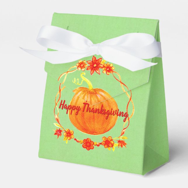 Matching Thanksgiving Watercolor Pumpkin on Green Favor Boxes (Front Side)