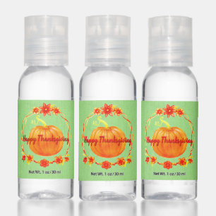 Matching Thanksgiving Watercolor Pumpkin on Green Hand Sanitizer