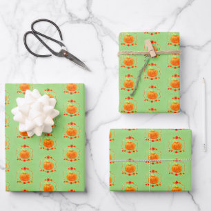 Matching Thanksgiving Watercolor Pumpkin on Green Wrapping Paper Sheets