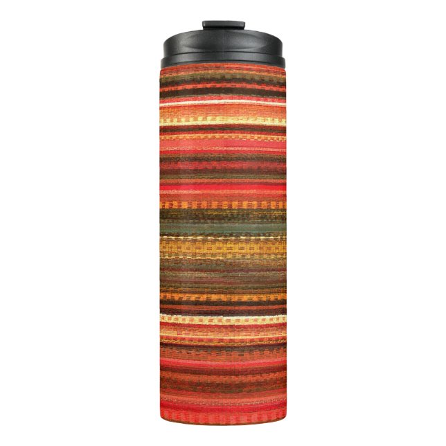 Material Textile Stripes Red Orange and Green Thermal Tumbler (Front)