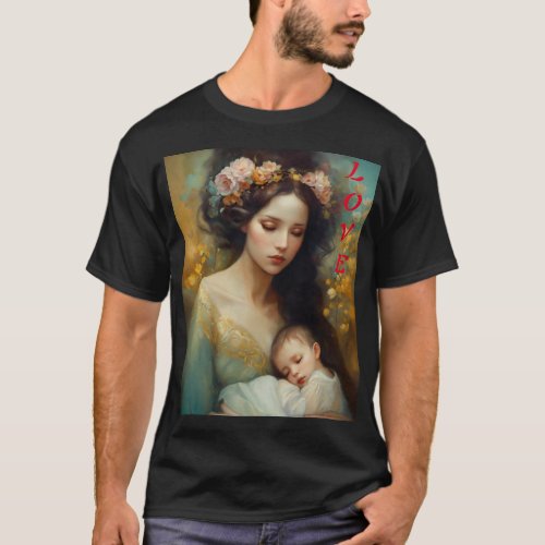 Maternal Harmony Oil Portrait of Mother and Child T_Shirt