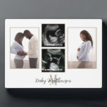 Maternity 4 photo Collage Monogram Initial Plaque<br><div class="desc">Maternity 4 photos Monogram Initial Name. A keepsake for the mom and dad to be with this 4 photo collage, for your pregnancy and baby scan images. A monogram initial is in gold with name overlaid on top. Easy to personalise with your details and simply replace the sample images with...</div>
